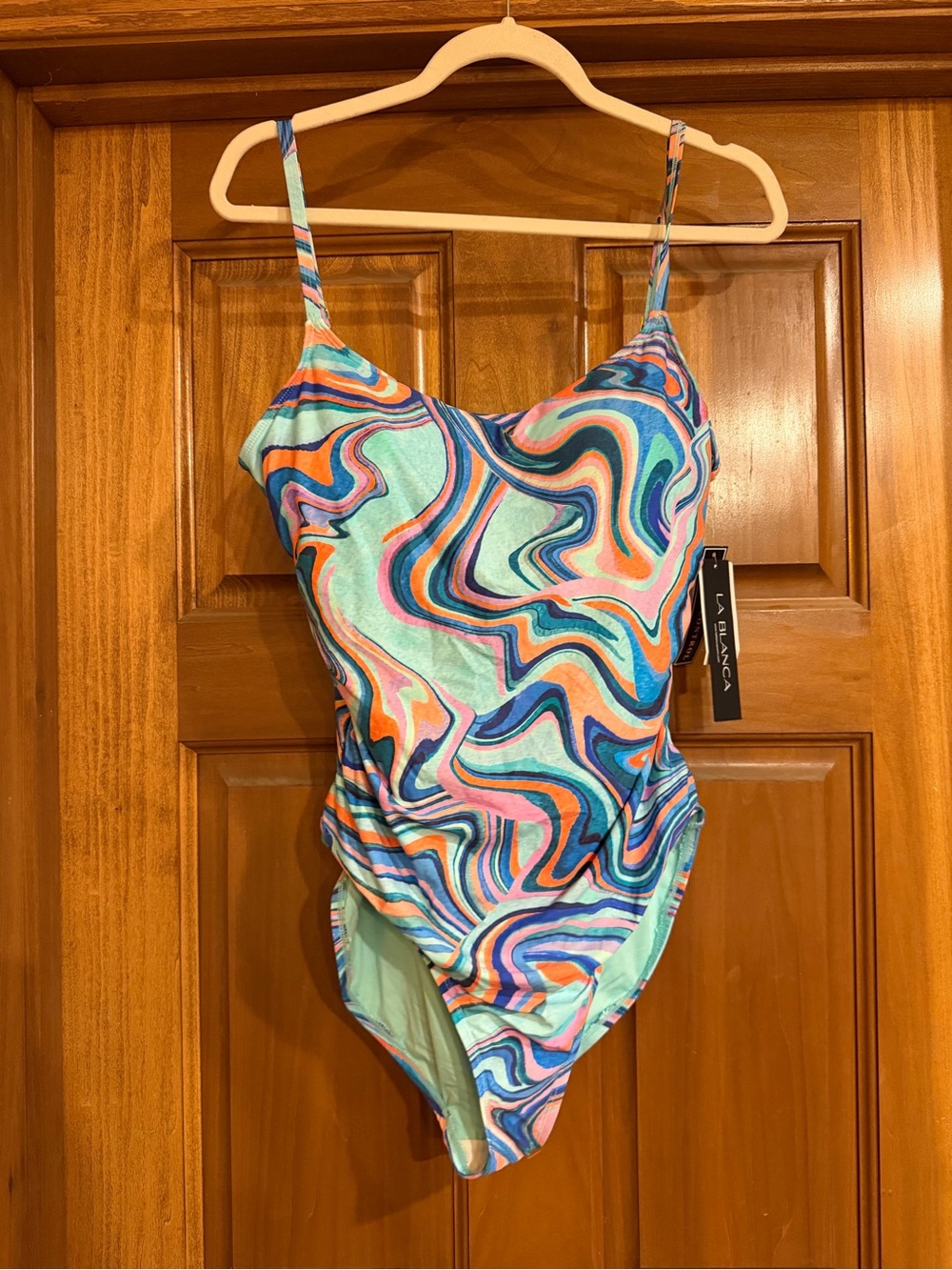 La Blanca - Tummy Control, Teal, Blue & Pink Swirl One-Piece Swimsuit